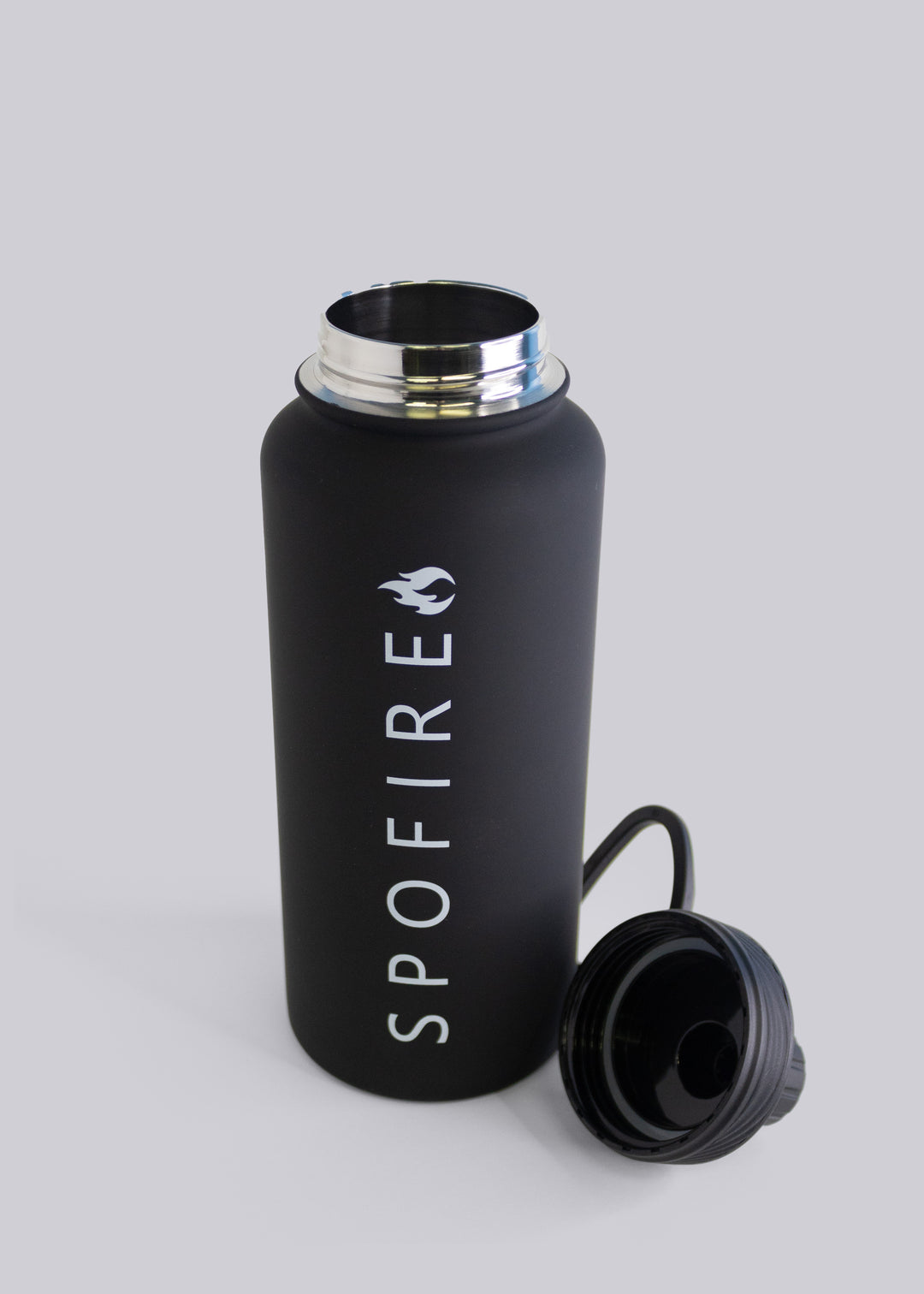 Spofire black water bottle - close up shot