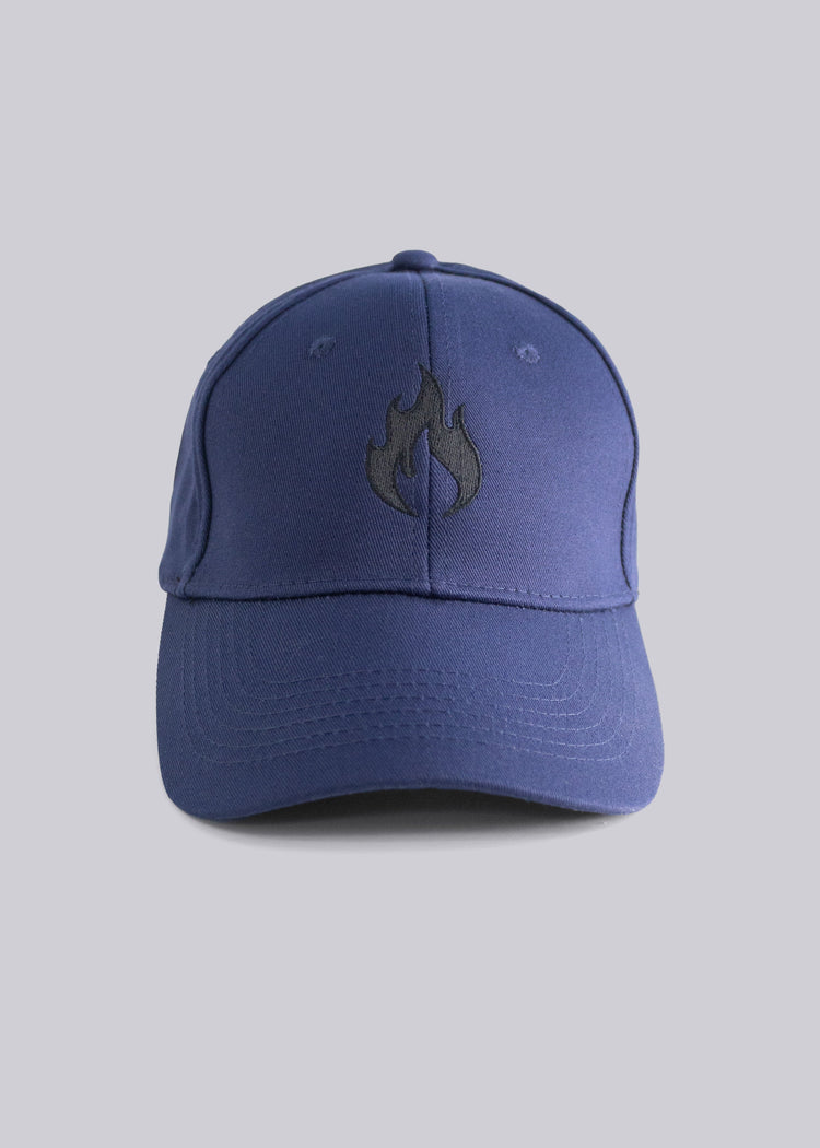 Blue cap with a black Spofire  logo on a light gray background