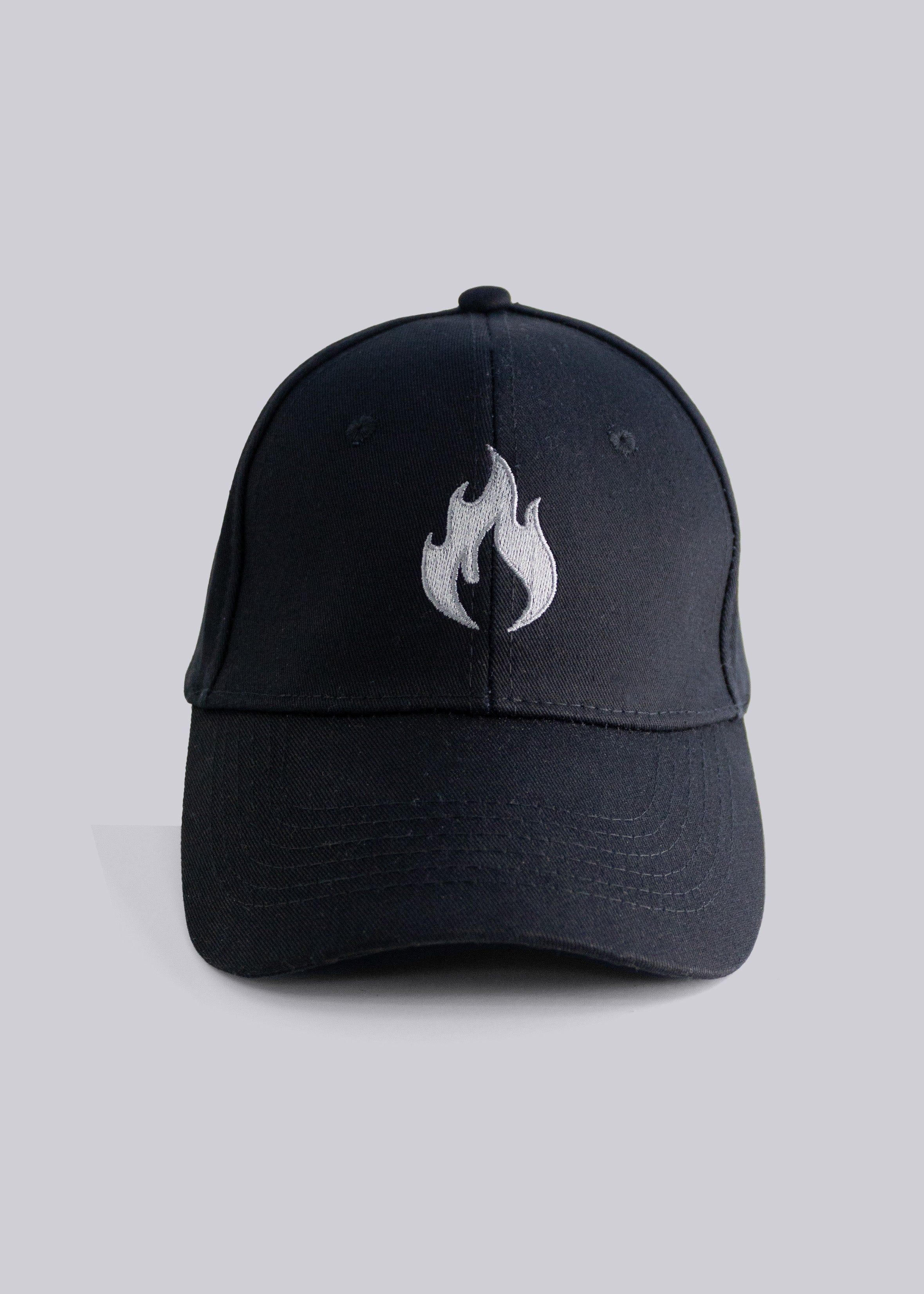Black cap with a whit Spofire logo on a light gray background